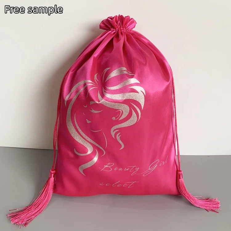Customized Silver Silk Satin Hair Extension Pouch Bags Drawstring Satin Hair Bags for Packaging Satin Hair Gift Dust Bag Pink