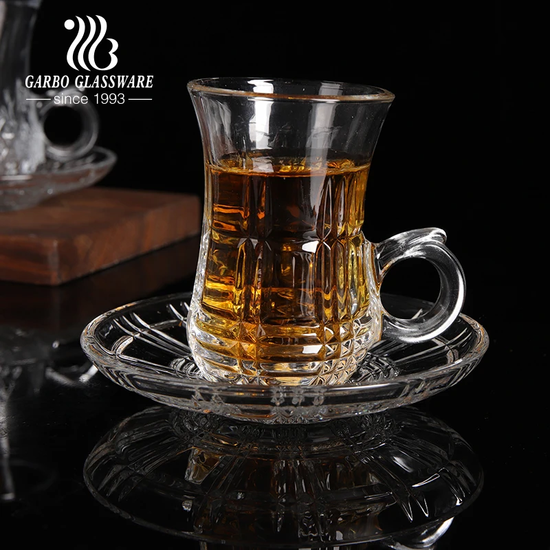 Engraved mix group mold tea glass cup coffee glasses with saucer drinking glassware tumbler with plate set home tea cups