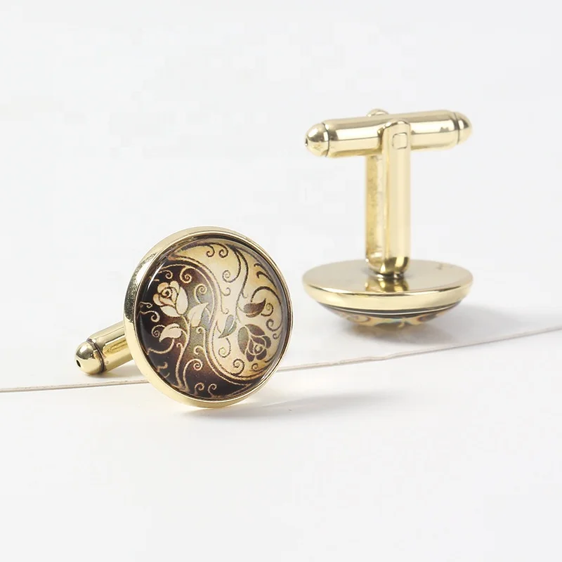 Lot stock personalized metal cuff links traditional cufflink round vintage flowers yiwu wholesale cufflinks