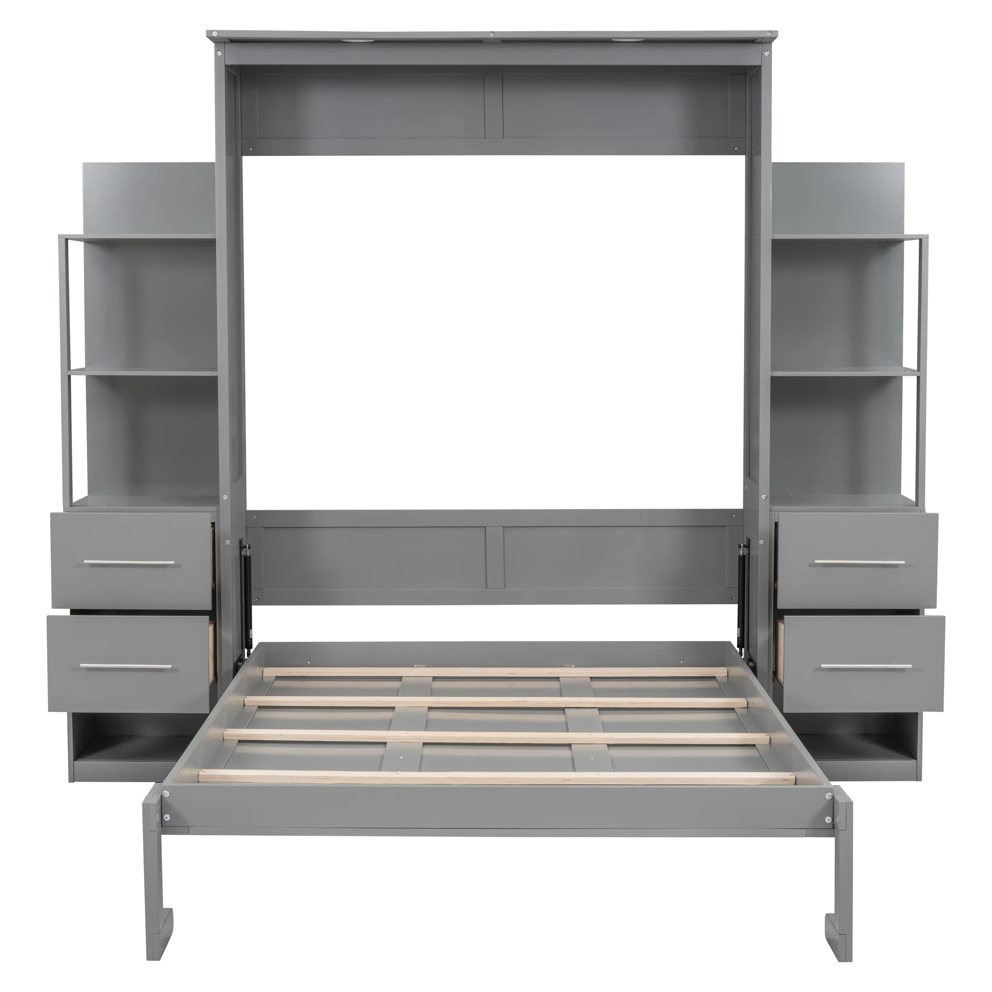 Full Size Murphy Bed Wall Bed with Shelves, Drawers and LED Lights, Gray