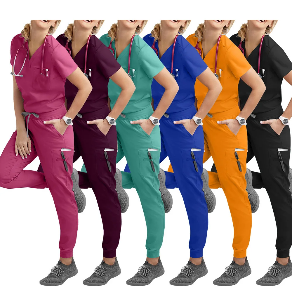 Designer Lab Coat Hospital Uniforms Modern V-Neck Top Solid Stretch Uniforms Medical Scrubs Sets