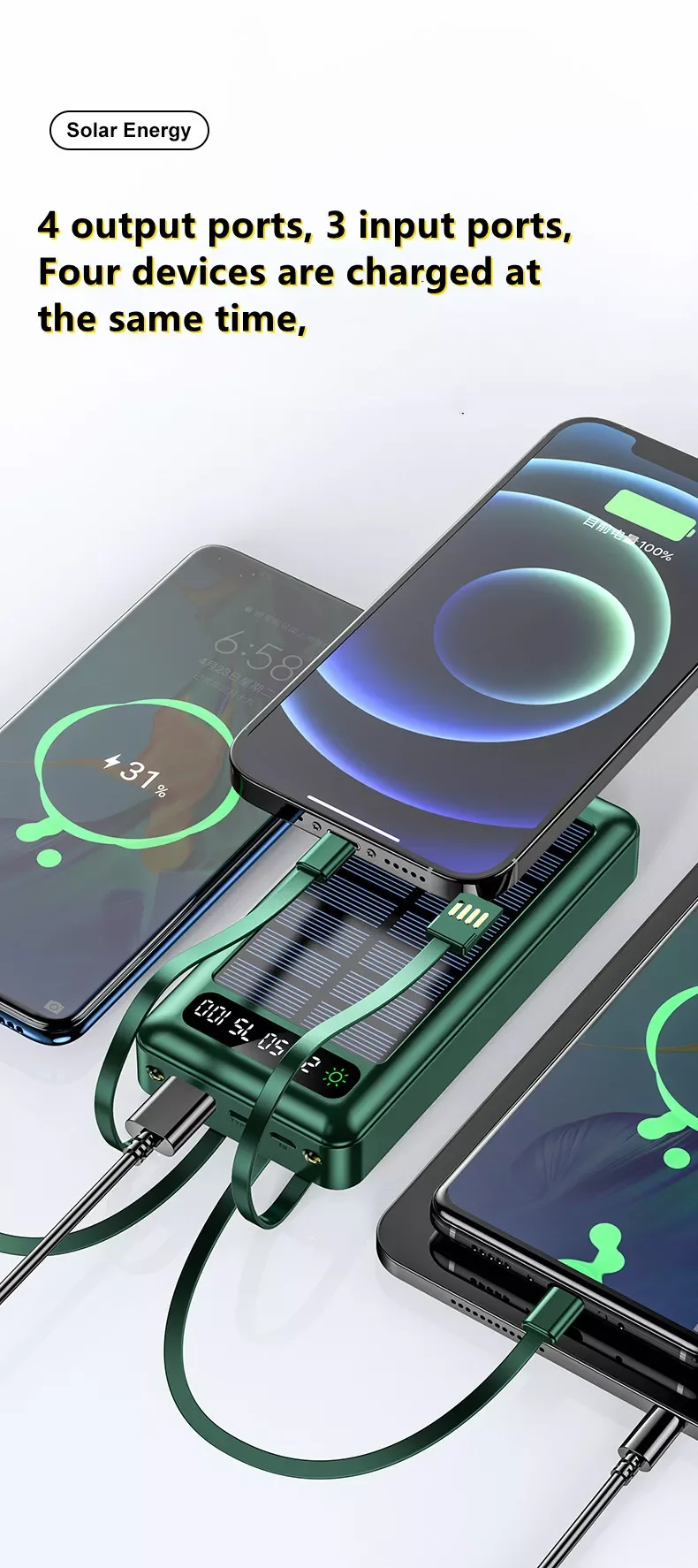 Solar Portable Power Bank 20000mAh 4 Build-in Wires Fast Charging Safe Polymer Power Bank with Cable LED light