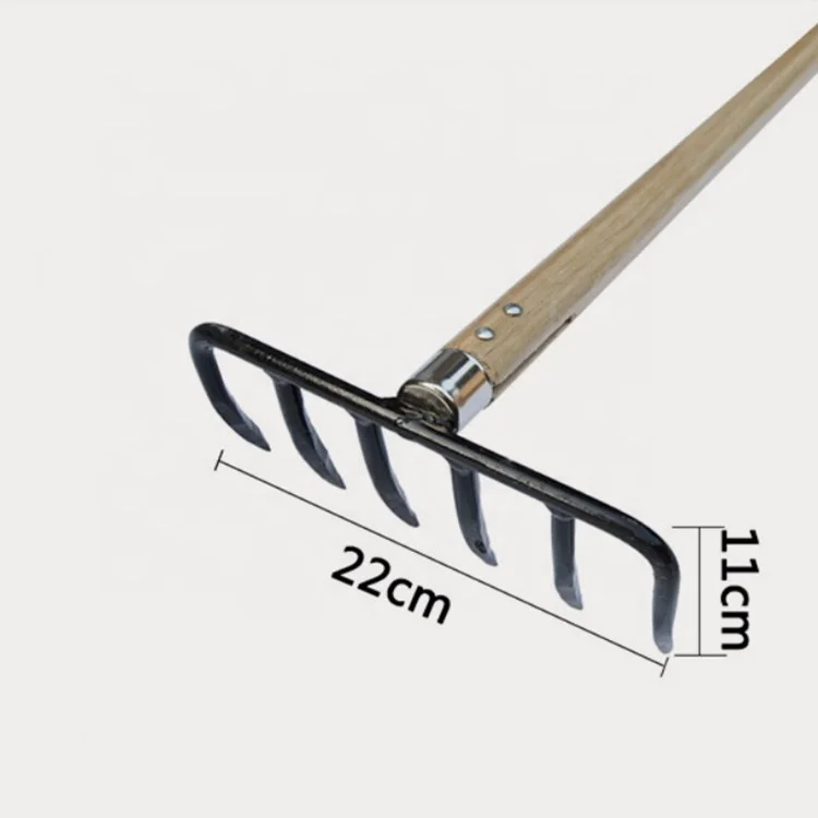 
6 tines long wood handle garden hand tools forged lawn rake 