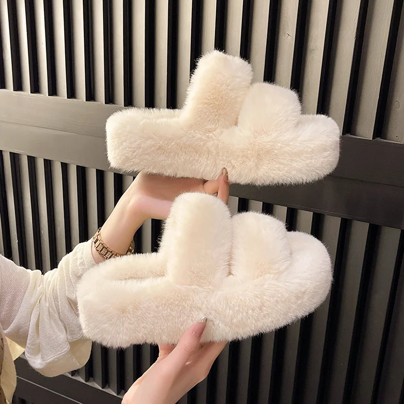 Woman Furry Ladies Luxury Fluffy Plush Sneaker Slipper House Fuzzy Platform Indoor Casual Winter Home Warm High Heels Female