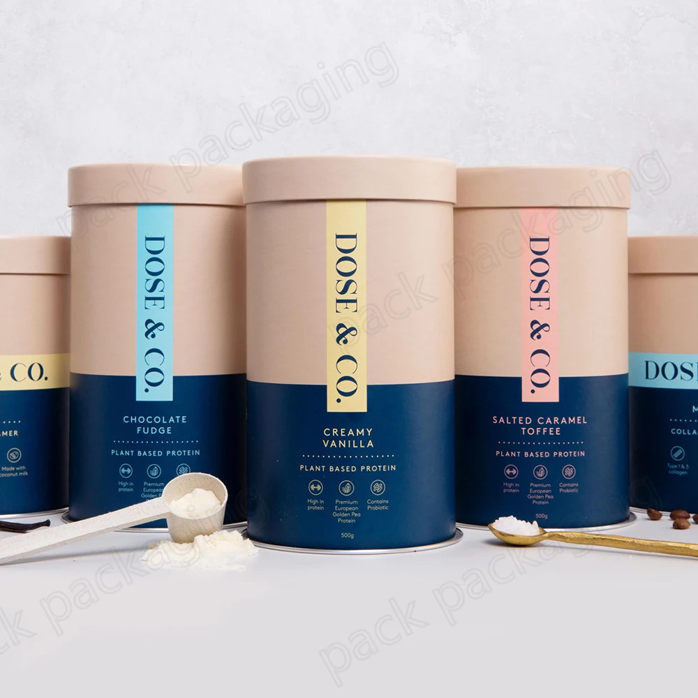 custom print empty Collagen powder container paper tube packaging with metal lid metal caps