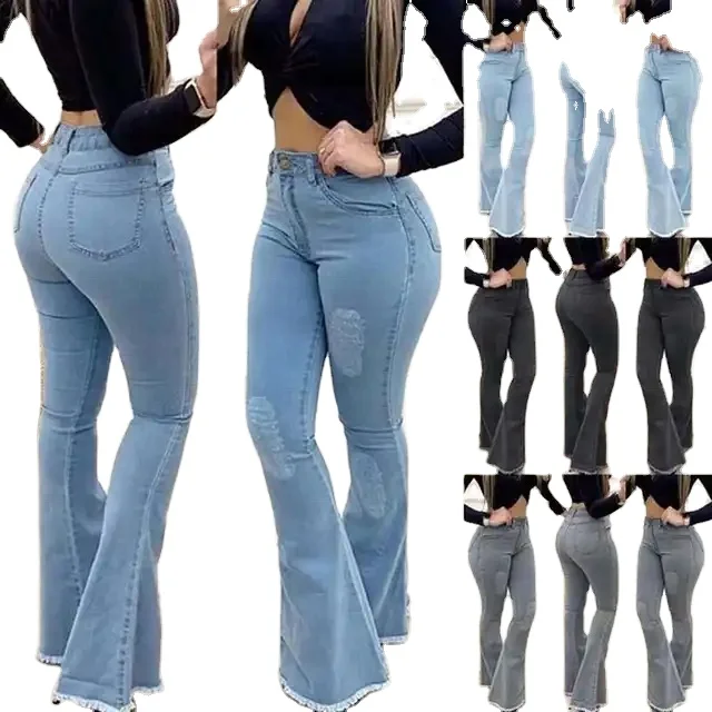 Wholesale casual autumn high waist jeans for women fashion slim fit plus size bell bottom jeans