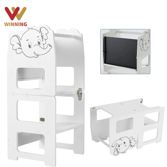 Winning Adjustable Folding Auxiliary Tower Montessori Learning Tower Kitchen Helper Step Stool Standing Tower With Blackboard