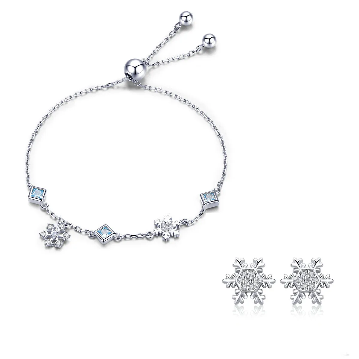 Stylish sterling silver elegant Snowflake Earrings s925 platinum plated zircon bracelet jewelry set