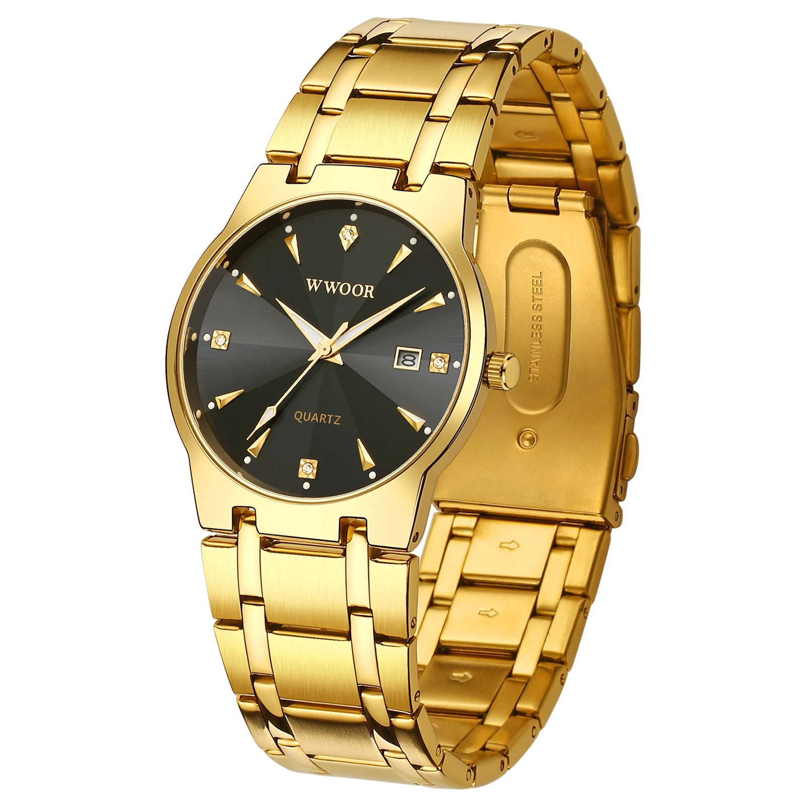 WWOOR 8876 New Arrivals Fashion Luxury Men Gold Watches Custom Simple Stainless Steel Waterproof Diamond Quartz Watches For Men