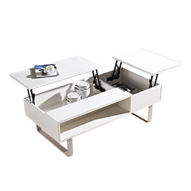 multi function living room furniture dual lifting top glossy white wooden coffee table