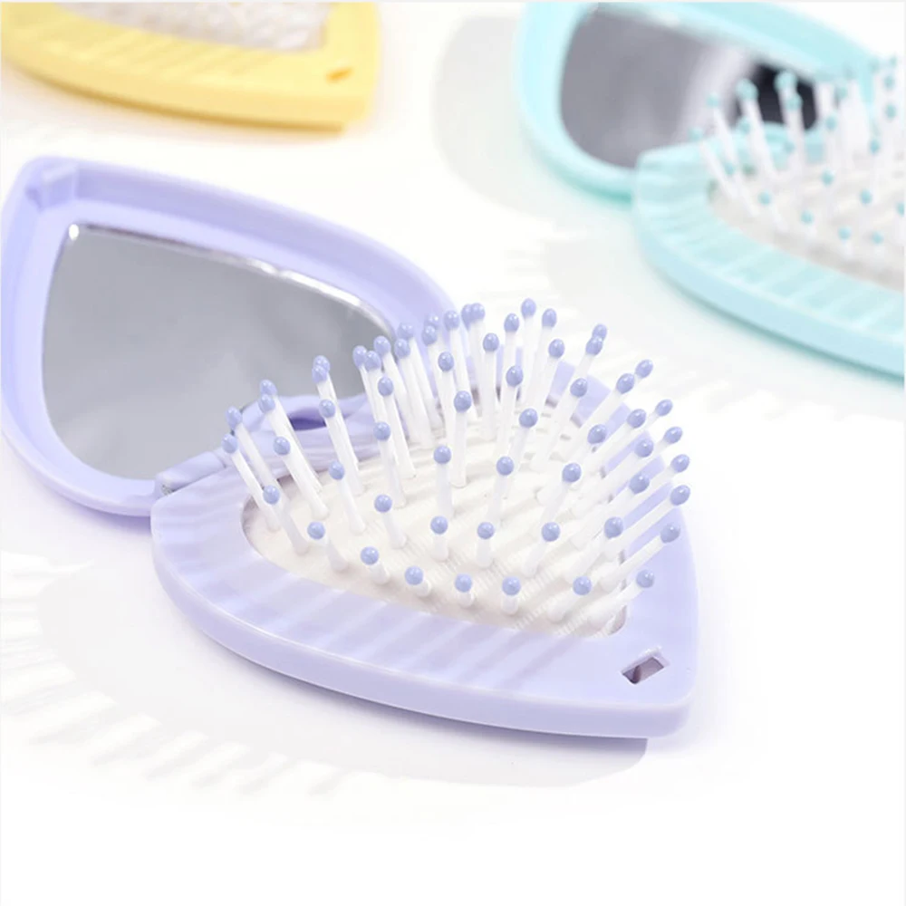 Good Quality Wholesale New Design Travel Pocket Massage Comb Heart-Shaped Mini Foldable Hair Brush Folding Comb with Mirror