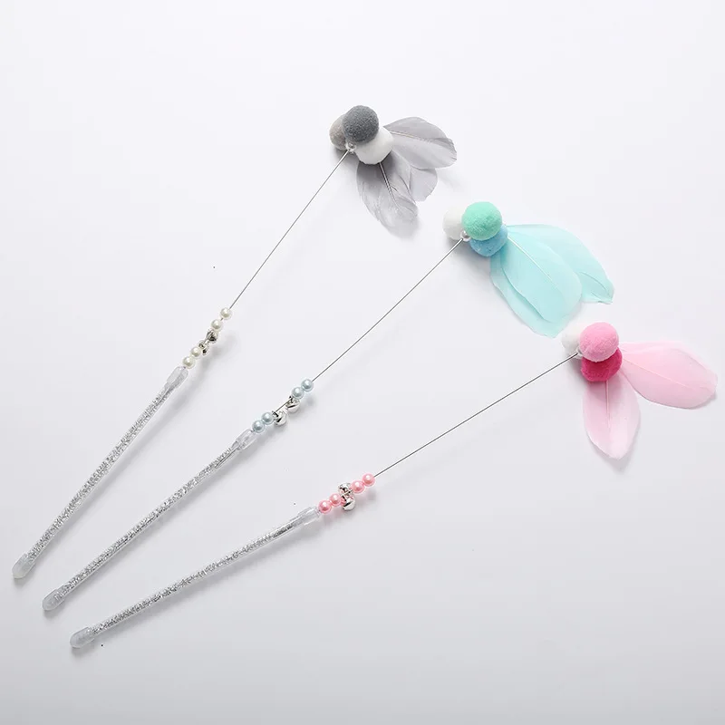 2023 Steel wire bell cat stick cute feather fairy stick spot interactive colored fur ball pet cat toys