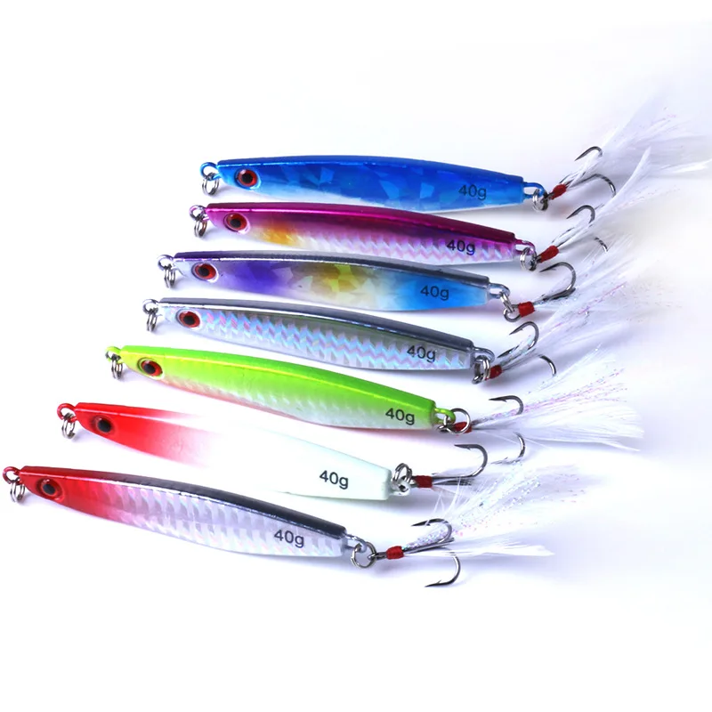 Wholesale 14g 21g 30g 40g Metal Jigging Bait Fishing Lures Feather Treble Hook Lead Metal Fish Jigs