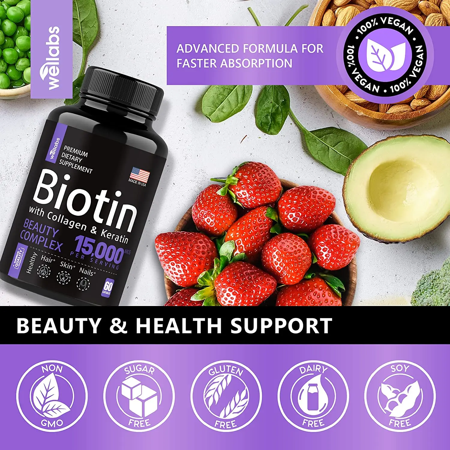 Biotin food for Healthy Skin Nails & Hair Energy Production Protein, Carbohydrate & Fat Metabolism Keratin + Collagen