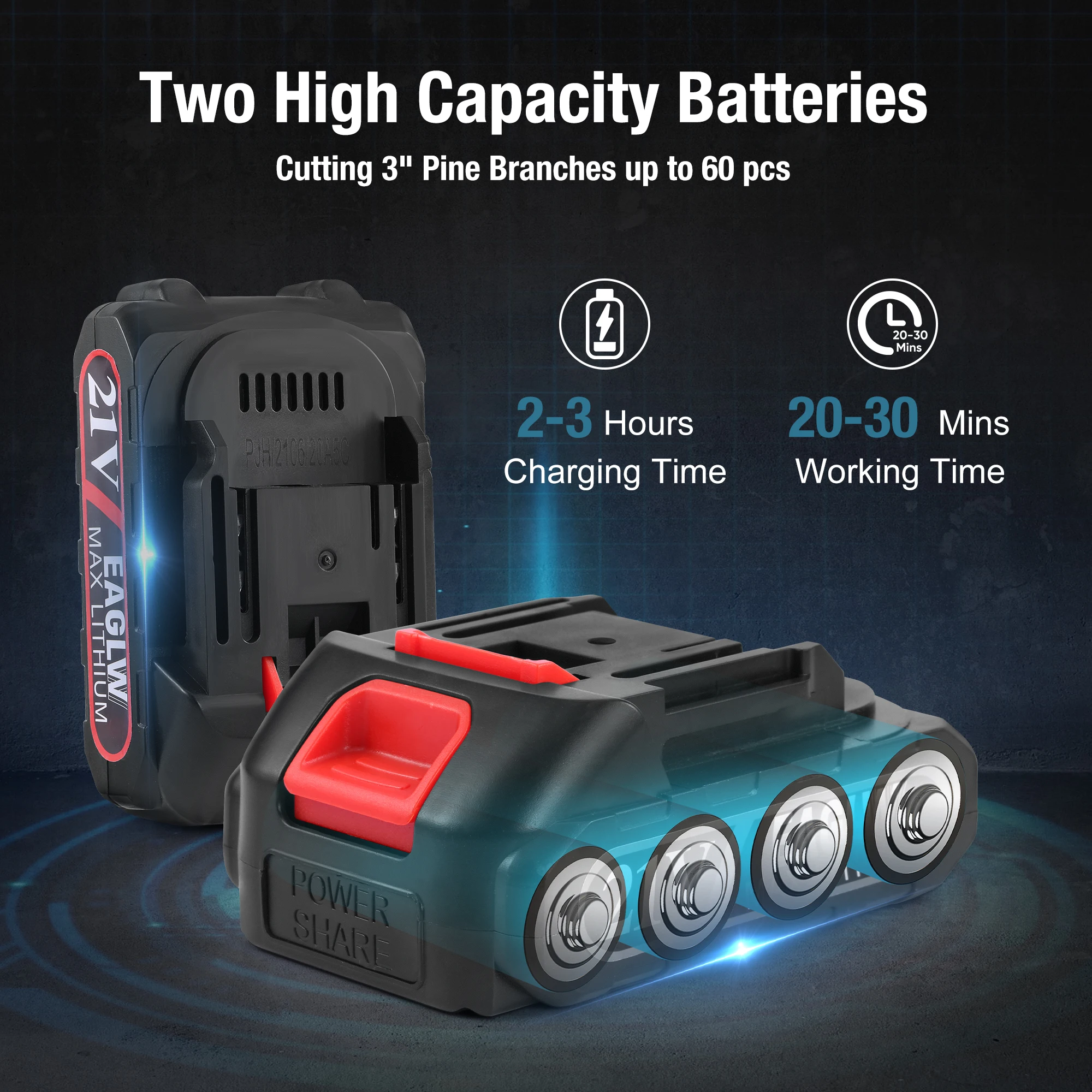 
Cordless high power handhold 4 inches chainsaw set with safety lock, 2 batteries 21V (support customization 6~10 inches) 