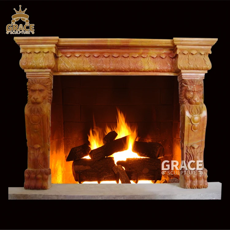 Hand Carved Hot Sale Marble Fireplace Mantel with Lion Surround