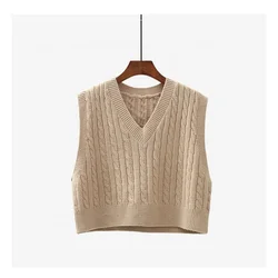 VIgour High quality vintage v neck cable knitted high waist short sweater vest women
