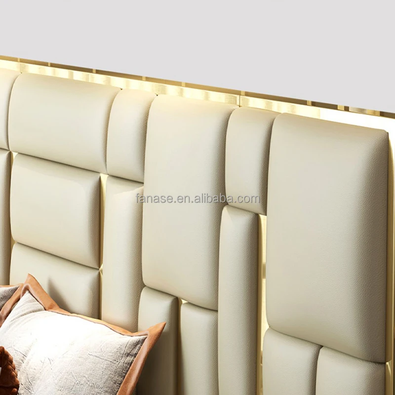 Modern Luxury King Size Bedroom Furniture Frame Royal Large Headboard Wood with Leather GENUINE Leather Bed Room Soft Bed 1 Set