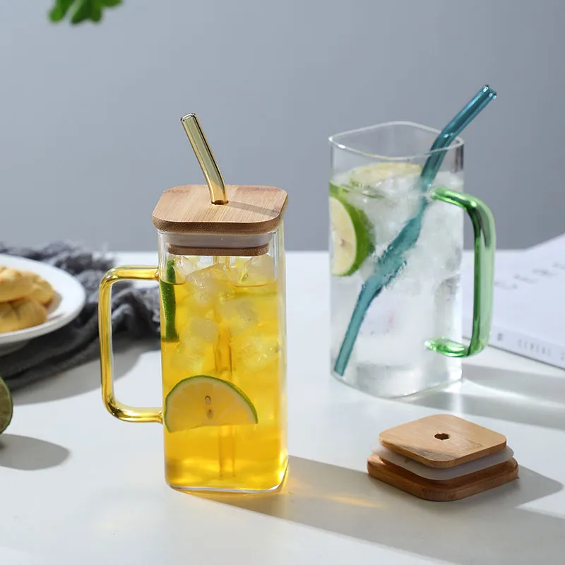 clear glass square cup high borosilicate teacup beer cola juice milk mug with color handle bamboo lid and straw