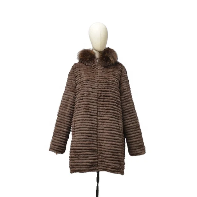 Lady Nylon Shell Genuine Rex Rabbit Fur Fox Hood Trim Reversible Long Winter Fur Coats For Women