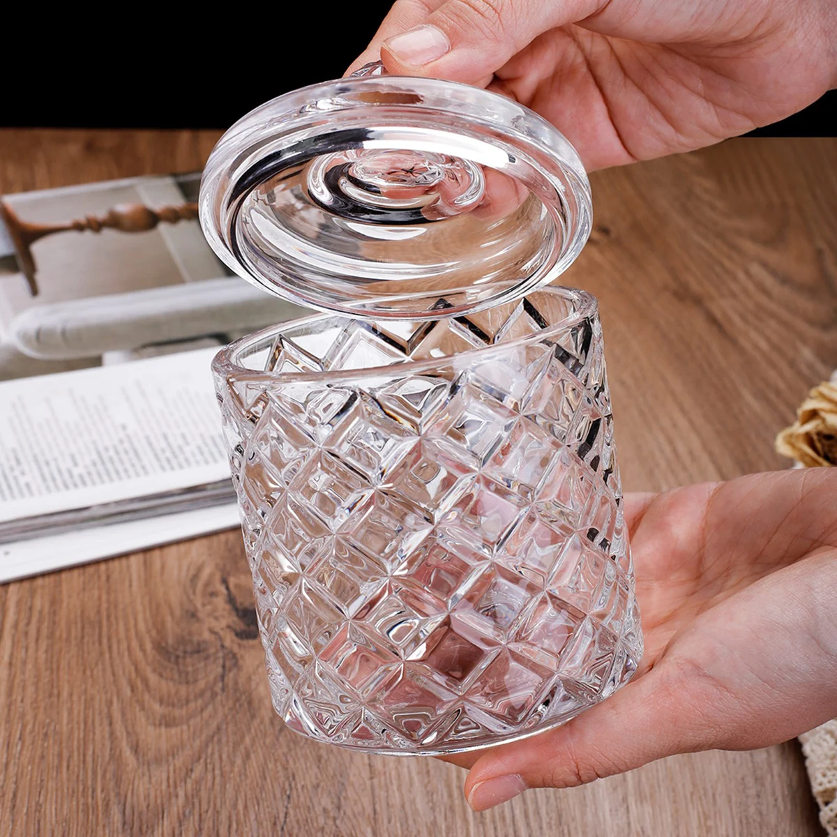 Stock clear engraved glass candy jar 3 layers stackable decorative glass food container with lid glass sugar bowl for cork nut