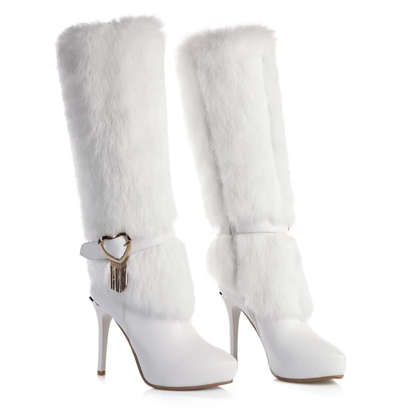 Ladies Fur Boots High Heels Fur Women Snow Winter White Knee High Boots Dress Beauty