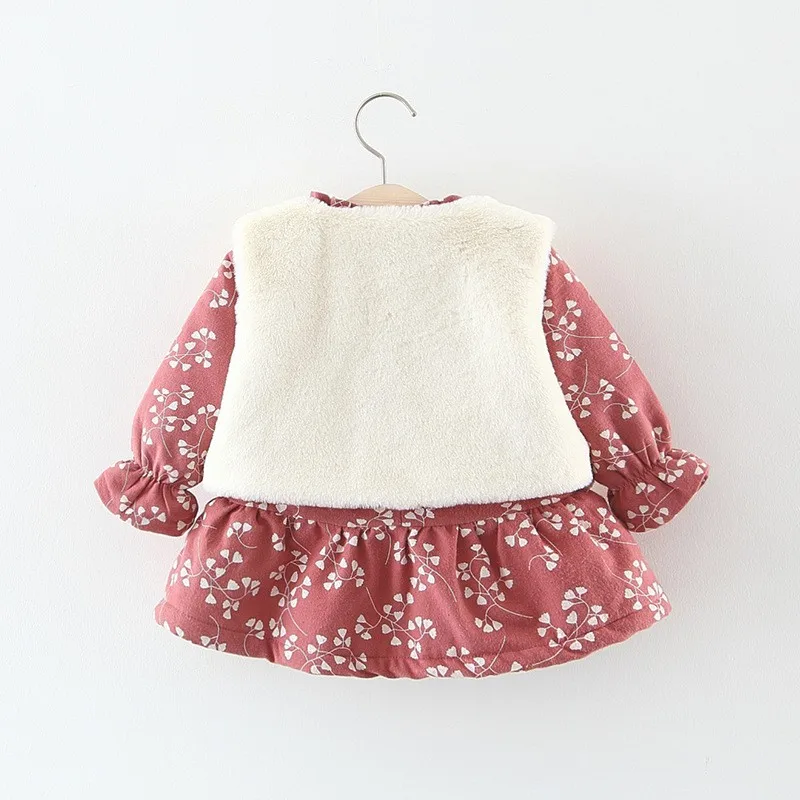 Baby Girls Dress Autumn and Winter Girls Thicken Plus Velvet Long Sleeve Down Dress White Fur Vest 2Pcs Suit Kids warm Clothes