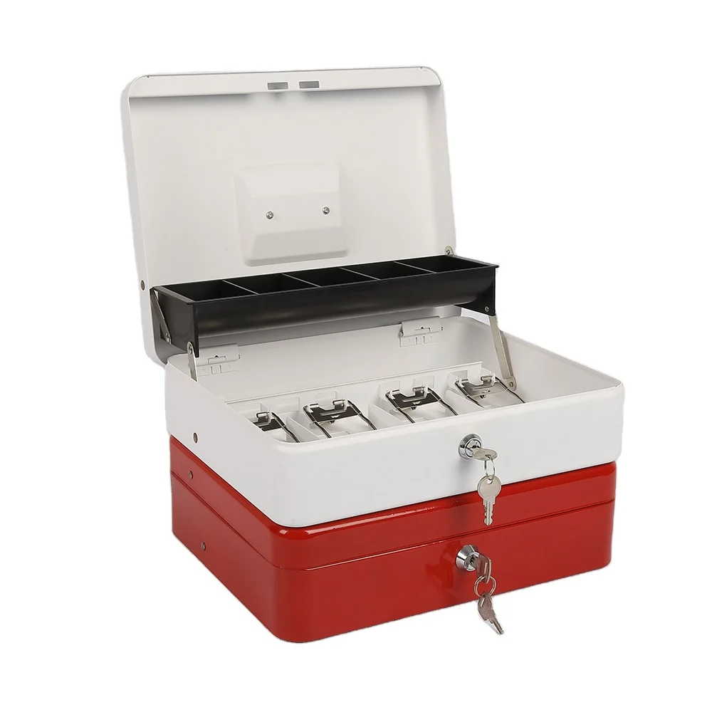 Small portable red hand-held two-lock supermarket cash register