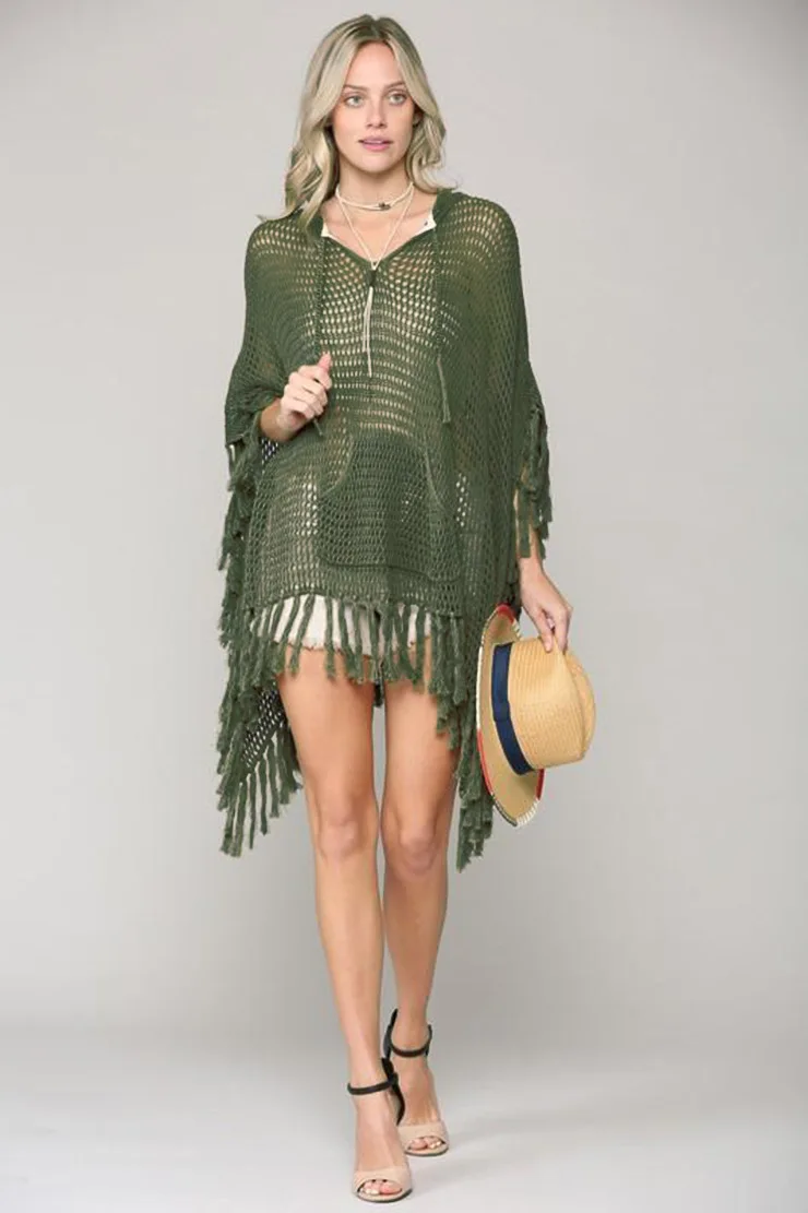 Women's Beach Cover Tassel Knitted Cover Ups Hooded Crochet Sweater Sexy Bikini Mesh Covers Bathing Suit Dress up Army Green