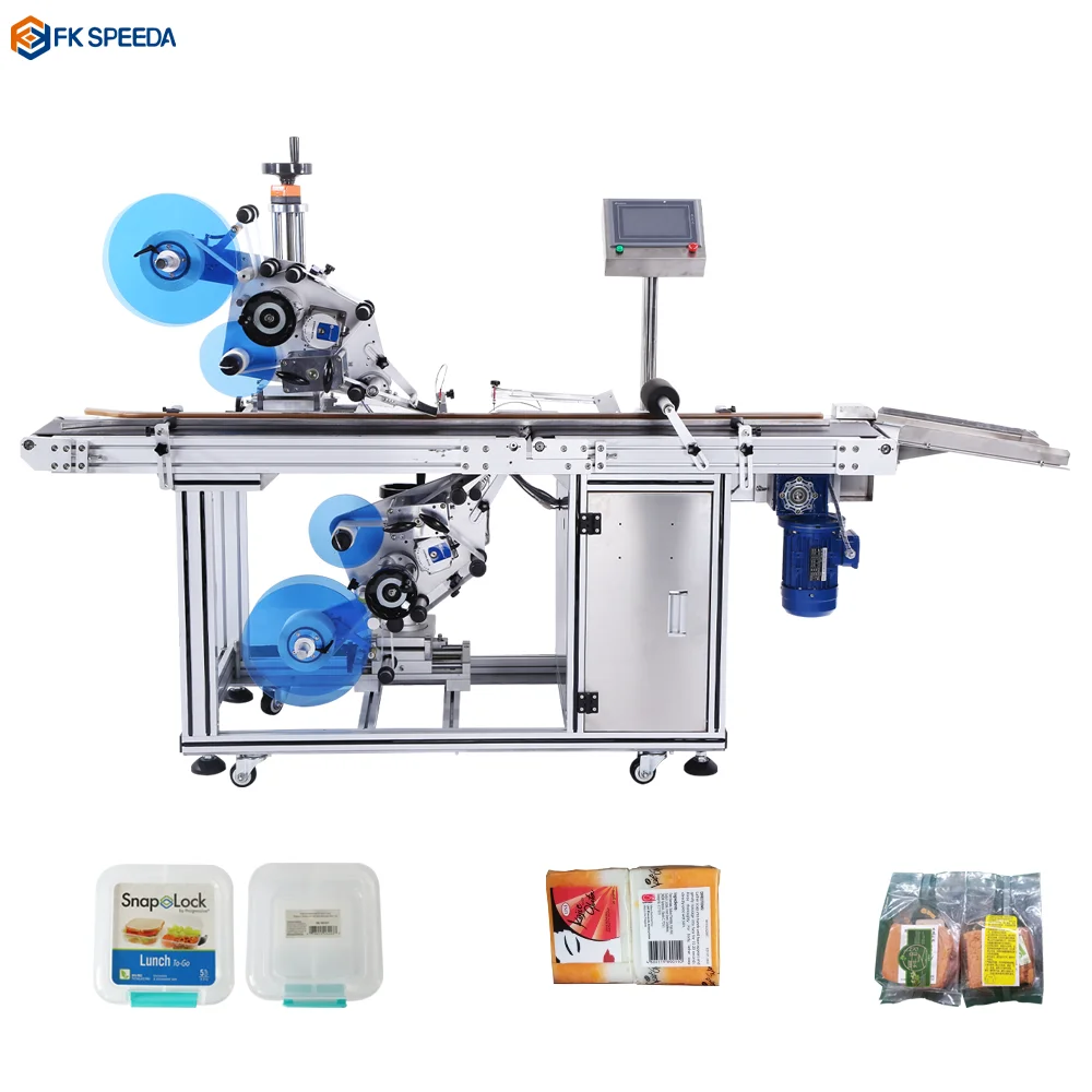FK814 Automatic Corn Starch Bag Box Two Sides Label Applicator container top botton labeling machine