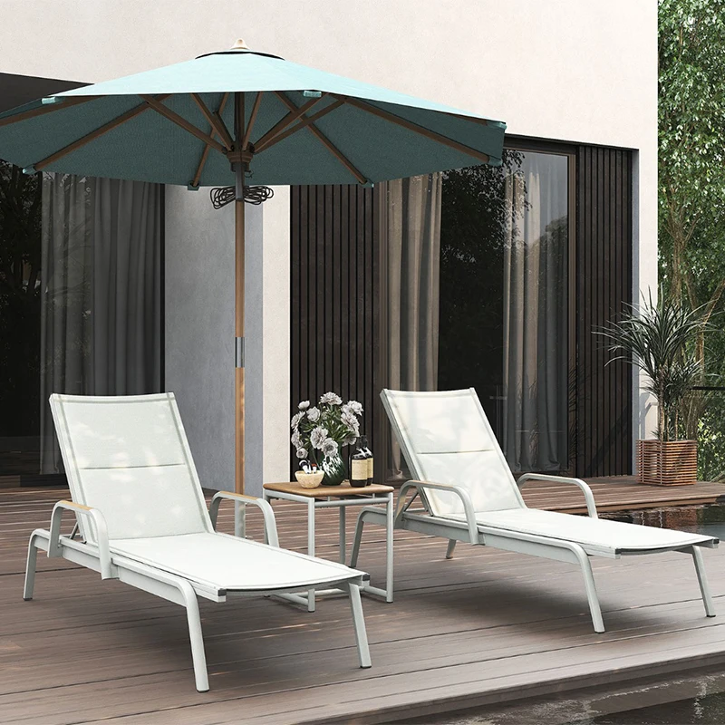 Hotel resort swimming pool outdoor armrest sunlounger with aluminum &textilene fabric double sunbeds