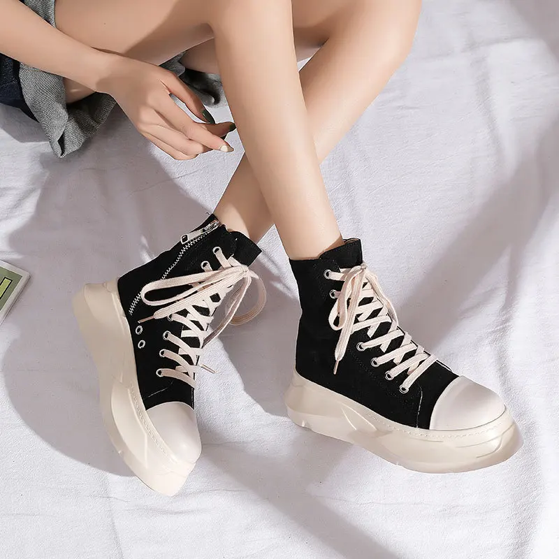 Black thick soled high top shoes for women New style high side zipper high top casual shoes Personalized sole leather casual