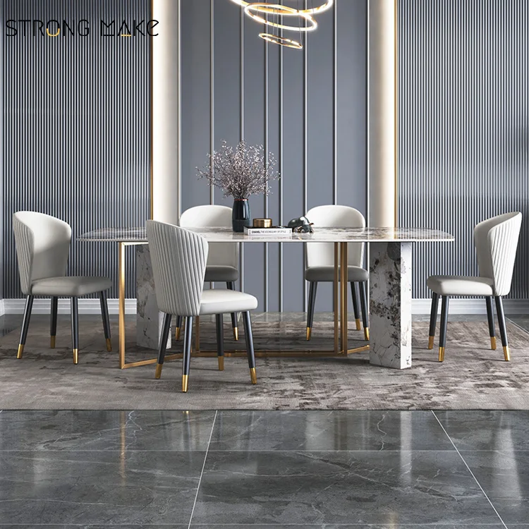 2023 Italian High Quality Simple Modern Gold Base Luxury Dinning Room Table Rectangle Marble Sintered Stone Top Dining Table