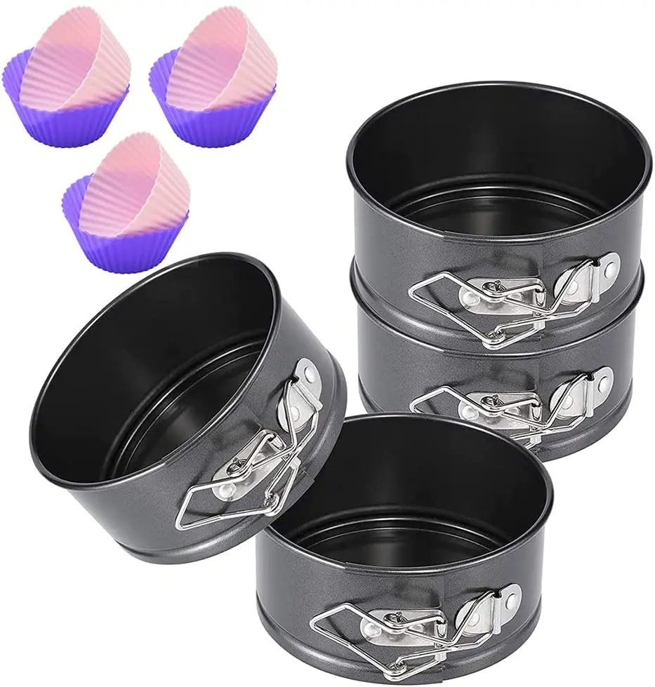 4 Inch Steel Nonstick Leakproof Round Mini Cheesecake with 6 Mini Silicone Cupcake Molds 4 pcs Springform Cake Pan