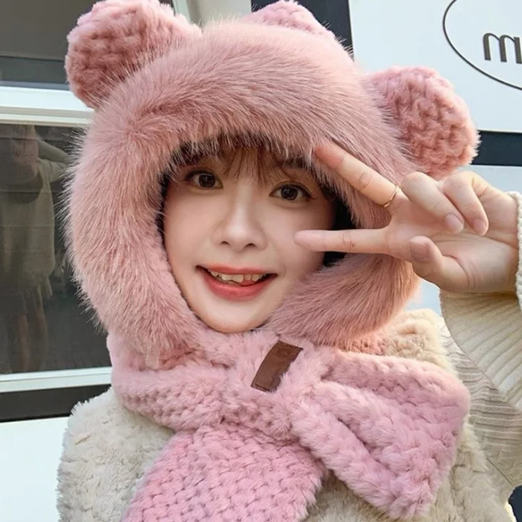 Wholesale Korean Fashion Cute Pineapple FOX Bear women slim winter warm hat Scarf Mitten Cycling knitted hats caps for girl lady