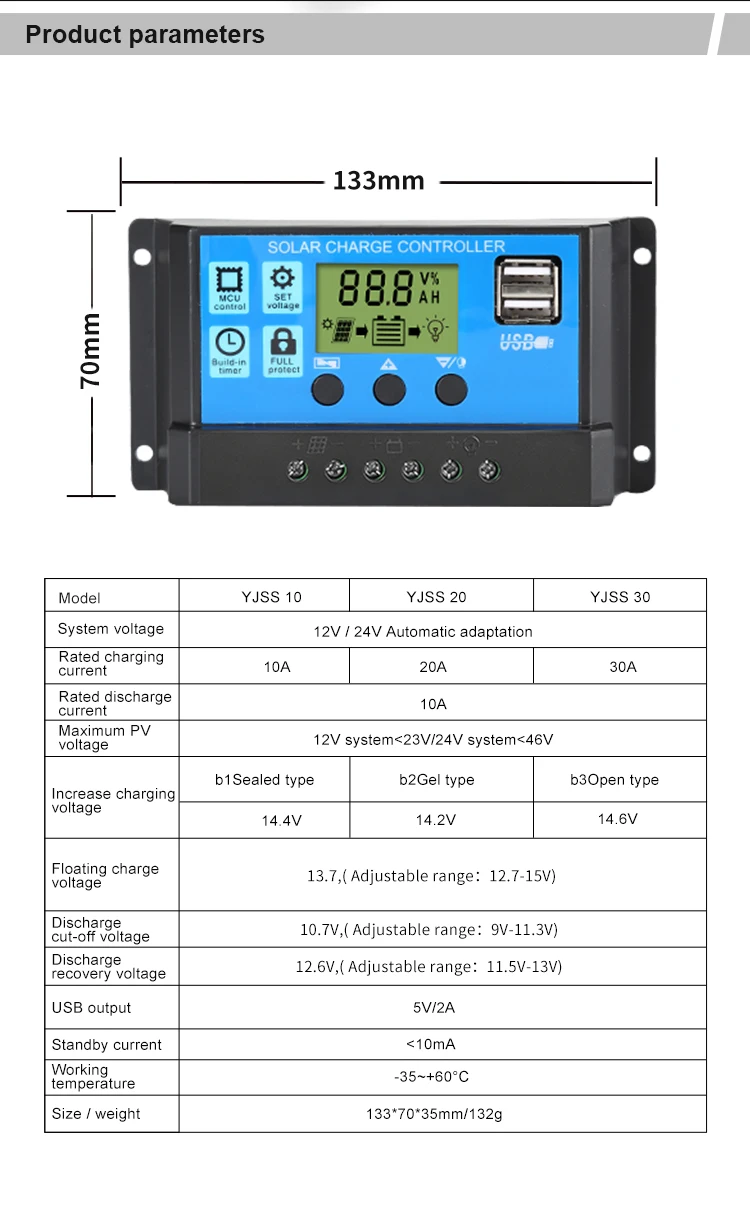 Sun Power 12V 24V Battery Regulator 10a 20a 30a 40a 50a 60a PWM Solar Energy System Power Charge Controller