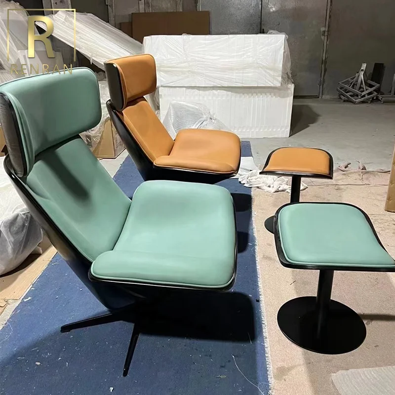 latest Italian design luxury home furniture accent chair elegant metal modern single revolving lounge chair with stool