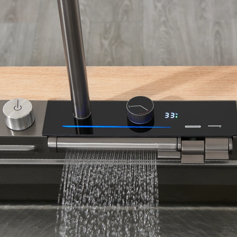 Kitchen Sinks 304 Stainless Steel Farmhouse Sink Modern Waterfall Rainfall Single Bowl Kitchen Sink Set Black