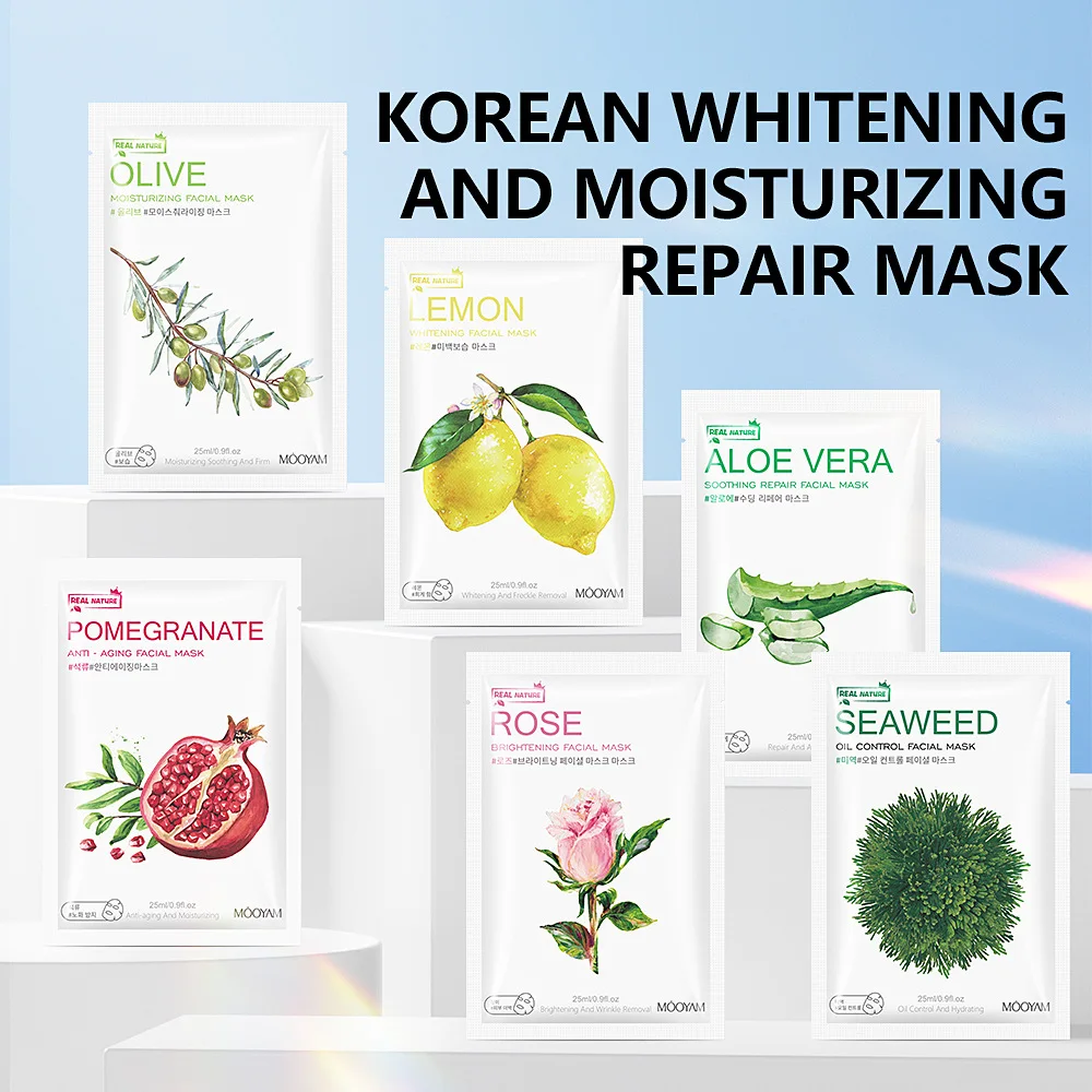 Pomegranate Lemon Aloe Whitening Moisturizing Facial Mask Fruit Plant Soothing Olive Rose Seaweed Anti-Aging Sheet Face Mask