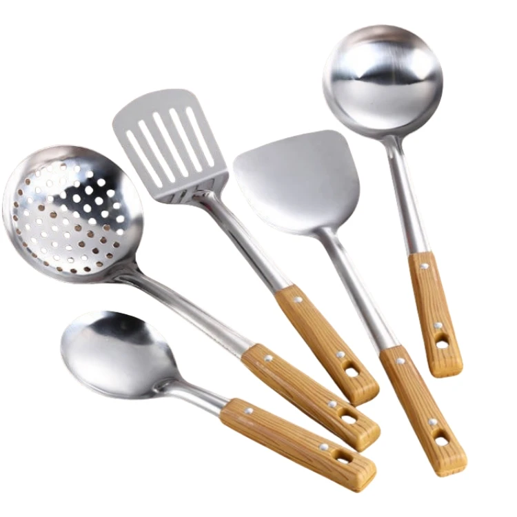 Stainless Steel Spatula Home And Kitchen Colander Spoon Ladle Wood Grain Handle Insulation Kitchenware Cooking 5 Pcs Utensil Set