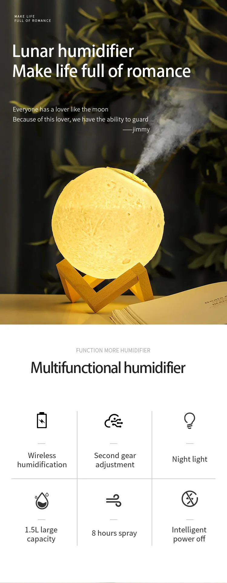 Ultrasonic Cool Mist Humidifier Home Aromatherapy Humidifier With Changing Lights Moon Humidifier