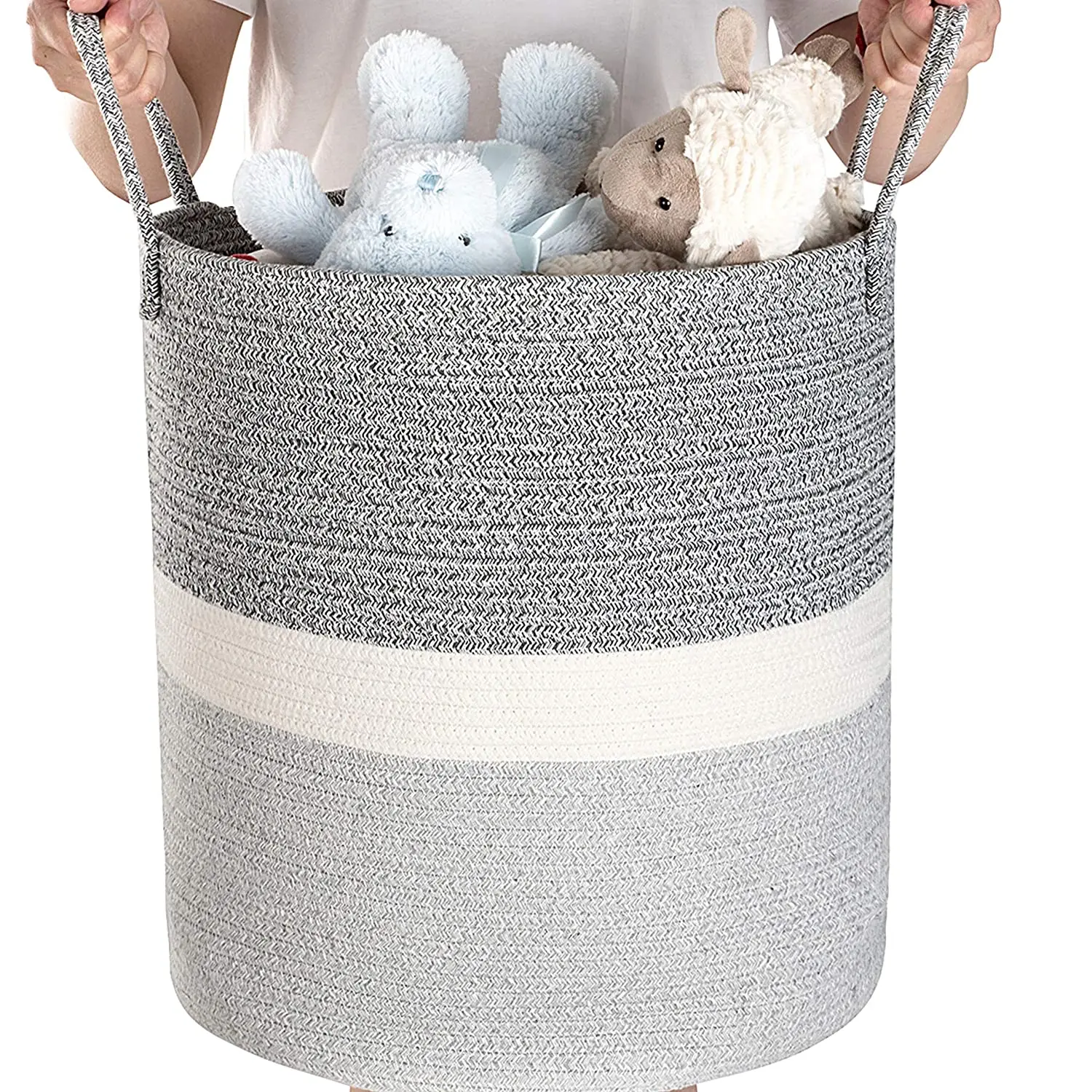 QJMAX Large Woven Storage Basket For Living Room Blanket Laundry Decorative Cotton Rope Basket