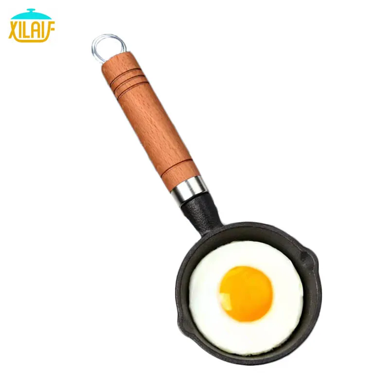 Household mini cast iron non stick non coated chinese fry pan Skillet with wooden handle