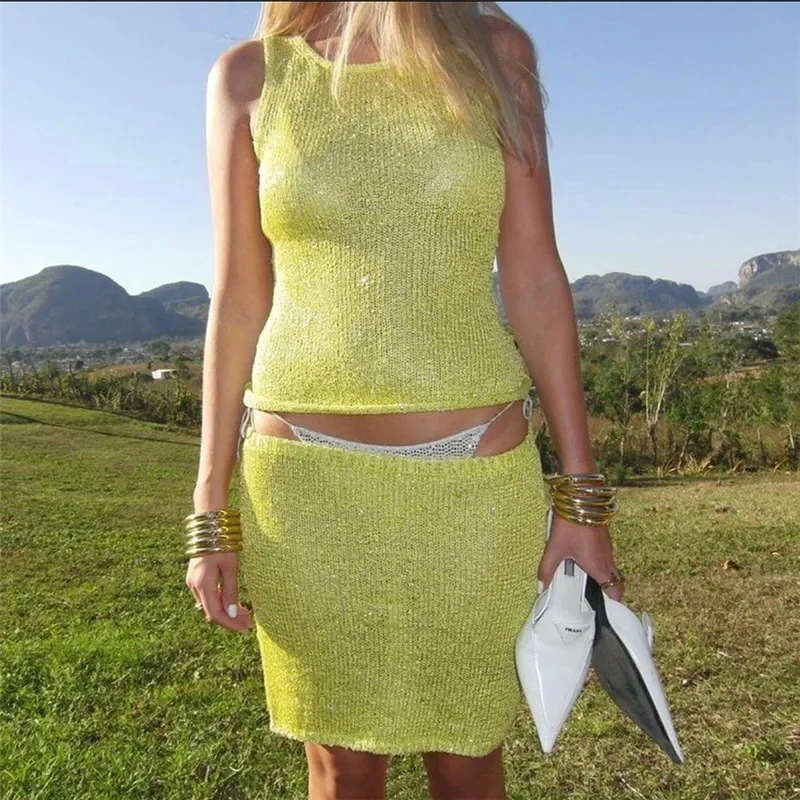 Slim fit knitwear for summer beachwear two piece set sequin vest and mini skirt set