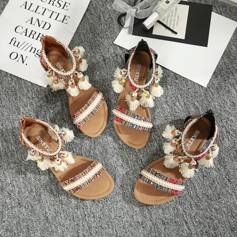 
Women Fashion Rome Bohemia Rhinestone Soft Sole Open Toe Flat Sandals Comfy Summer Shoes Plus Size 