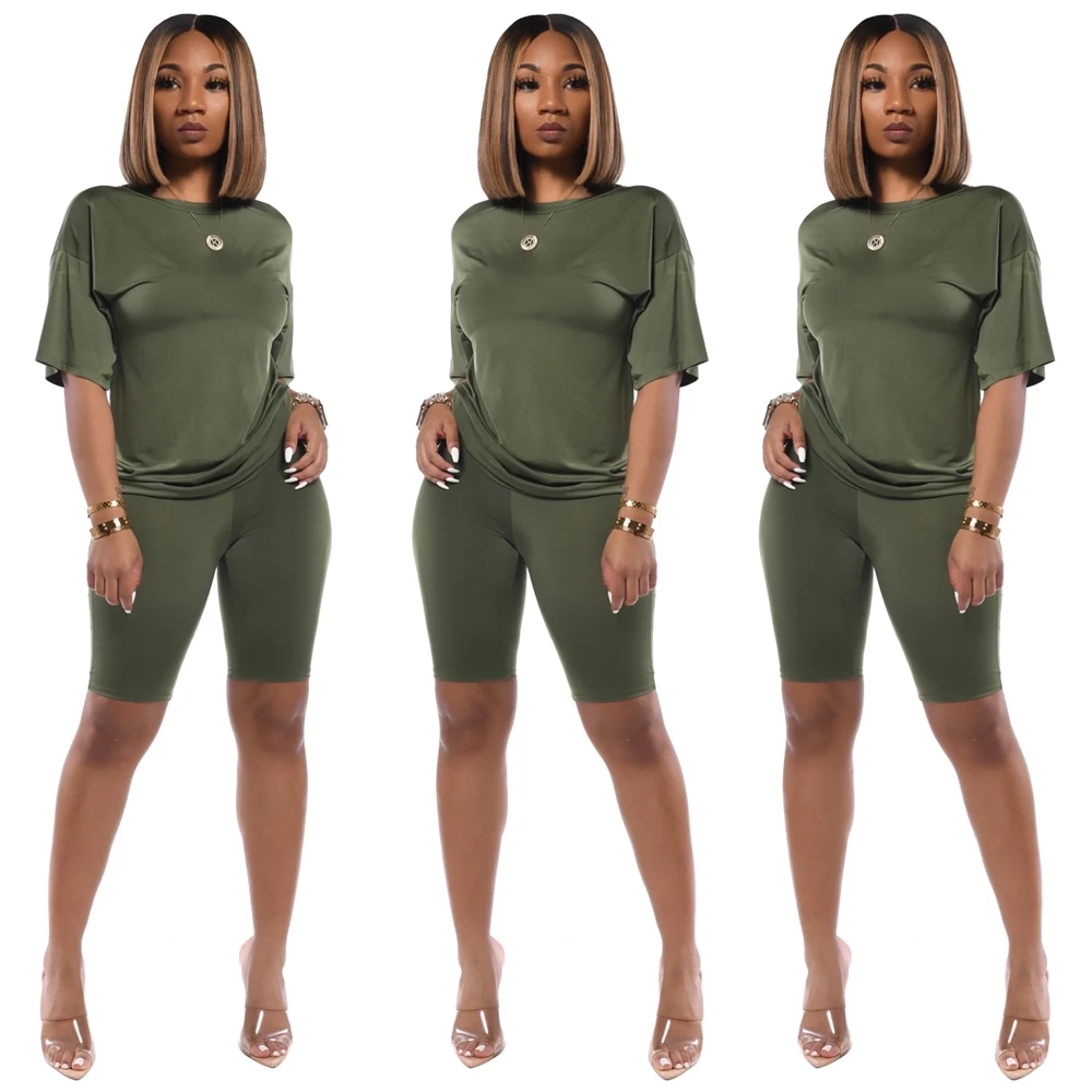 
New Arrival TS1006 New arrival 2020 solid top and short Fashion Two pieces set sportswear 