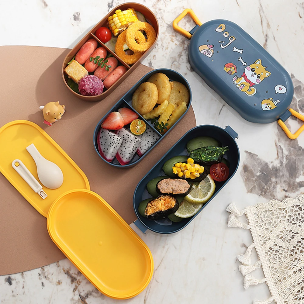 Cartoon Design Lunch Box for Kids School Children Plastic Bento Lunchbox 2-Layer Students Lunch Box with Spoon 850ml