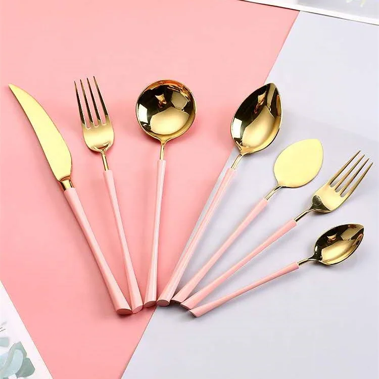 2020 New Cheap Gold Pink Red Flatware Set Dinner Spoons Forks and Knife Stainless Steel Cutlery
