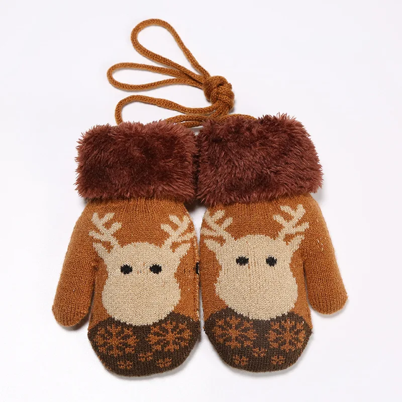 Factory direct sales  winter outdoor children  mittens Fleece lining  cute cartoon elk  knitting Thick and warm  newborn gloves