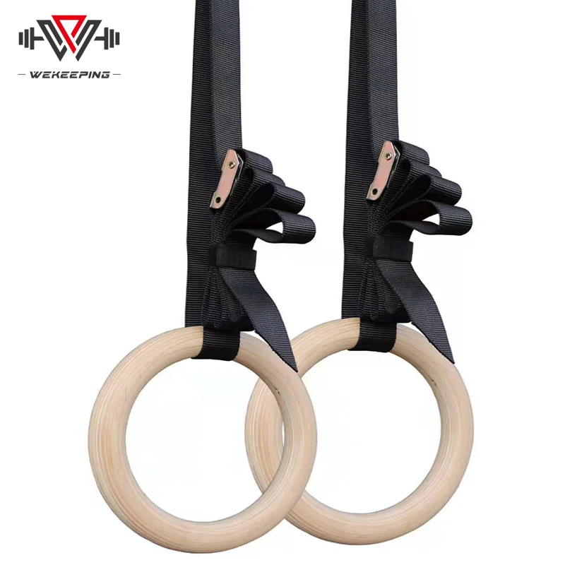 
Wholesale fitness equipment Hot Sale Body Workout adjustable Nylon straps with wooden gymnastic rings 
